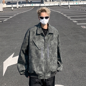 F159-P74 现货2024春季新款水洗工装皮外套男潮牌夹克机车服上衣图片