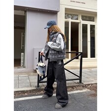 原创印花丹宁黑色加绒牛仔裤男女2026新款直筒休闲宽松长裤NN017，男装牛仔裤，星座516A