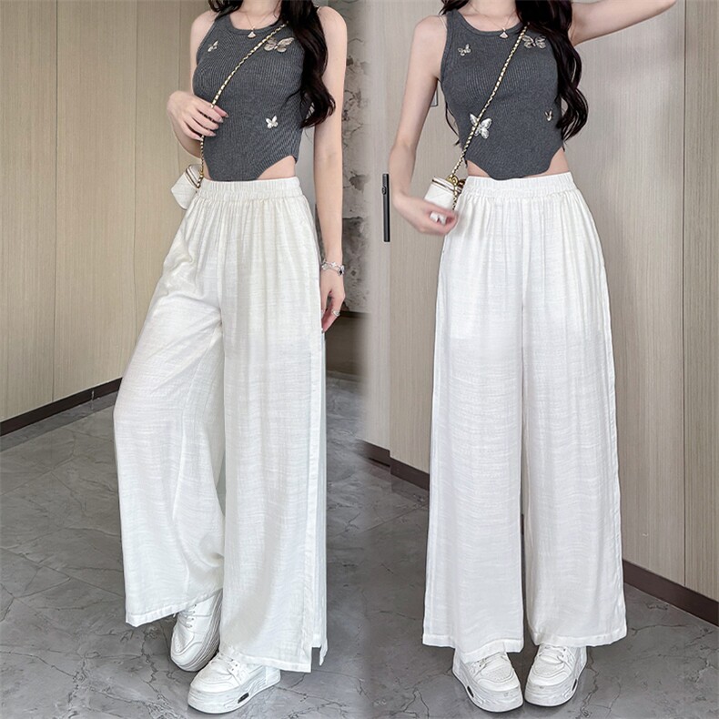 今年流行的松紧腰垂感亚麻阔腿裤女夏2025新款时尚显瘦直筒休闲裤，女装休闲裤，水衣源