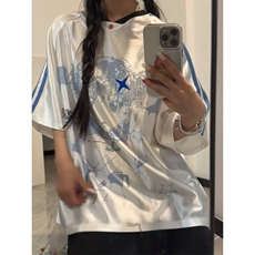 美式复古卡通少女球衣短袖T恤夏季宽松拼接休闲辣妹上衣TXB116，男装T恤，星座208-5