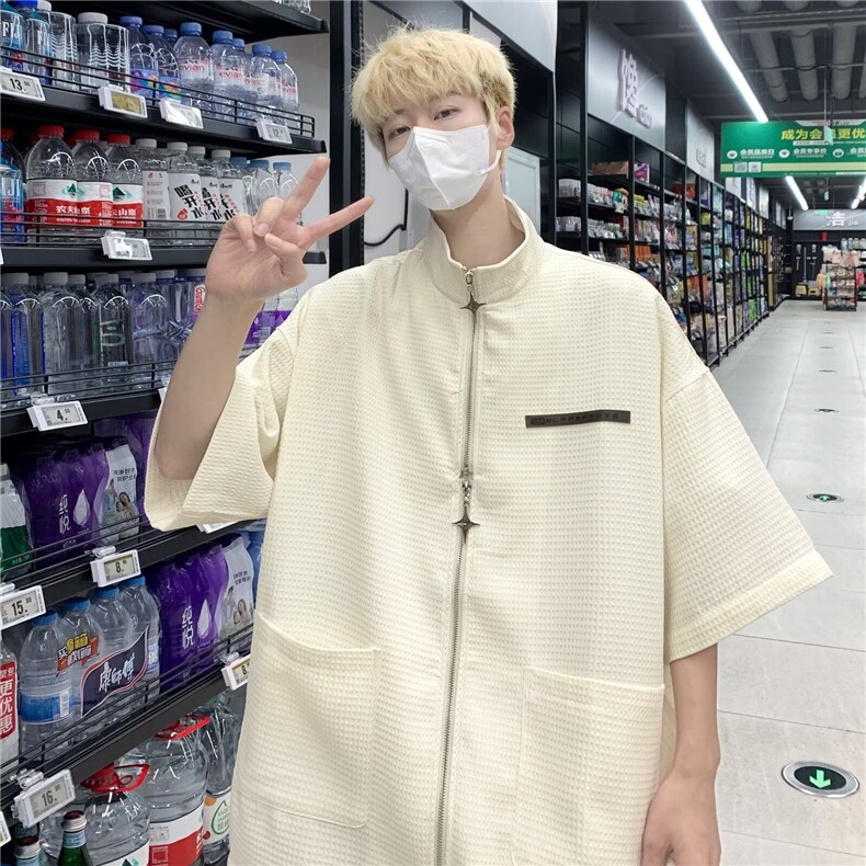 小众设计感华夫格拉链衬衫男短袖夏季新款高级感休闲衬衣痞帅上衣,男装衬衫,星座1013