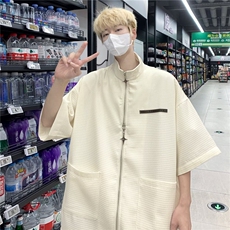 小众设计感华夫格拉链衬衫男短袖夏季新款高级感休闲衬衣痞帅上衣，男装衬衫，星座1013