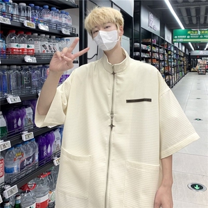 小众设计感华夫格拉链衬衫男短袖夏季新款高级感休闲衬衣痞帅上衣