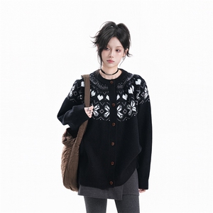 重磅秋冬装北极绒开衫毛衣美式复古休闲圣诞慵懒风提花针织衫外套图片