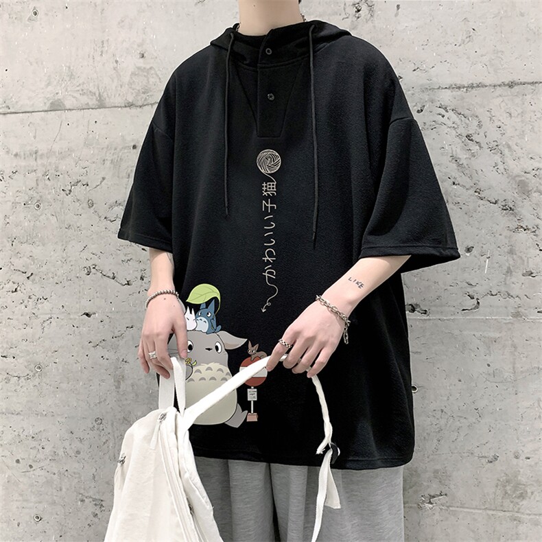 LD54152-P45连帽短袖t恤男大码胖子带帽五分袖中袖大皂风,男装T恤,电商A040