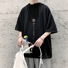 LD54152-P45连帽短袖t恤男大码胖子带帽五分袖中袖大皂风，男装T恤，电商A040