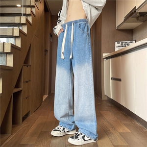 主推港风渐变色街头宽松直筒休闲潮流X绳男女同款牛仔裤H038图片