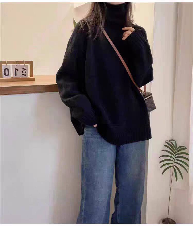 韩版宽松慵懒风高领加厚100%纯羊毛衫女长袖针织毛衣打底羊绒上衣,针织衫/毛衣,冀清阳荣