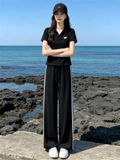 韩系穿搭一整套时尚套装女夏季新款撞色拼接半开领上衣长裤两件套，女装套装/套裙，江南