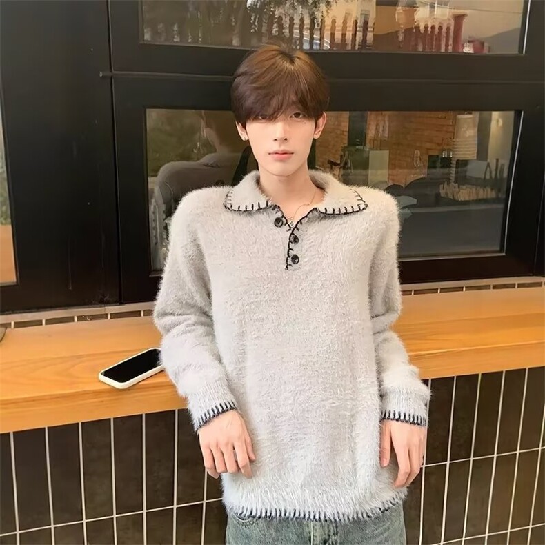 M192-P60美式复古假两件翻领毛衣女新款学院风慵懒高级感,男装针织衫/毛衣,电商B323A