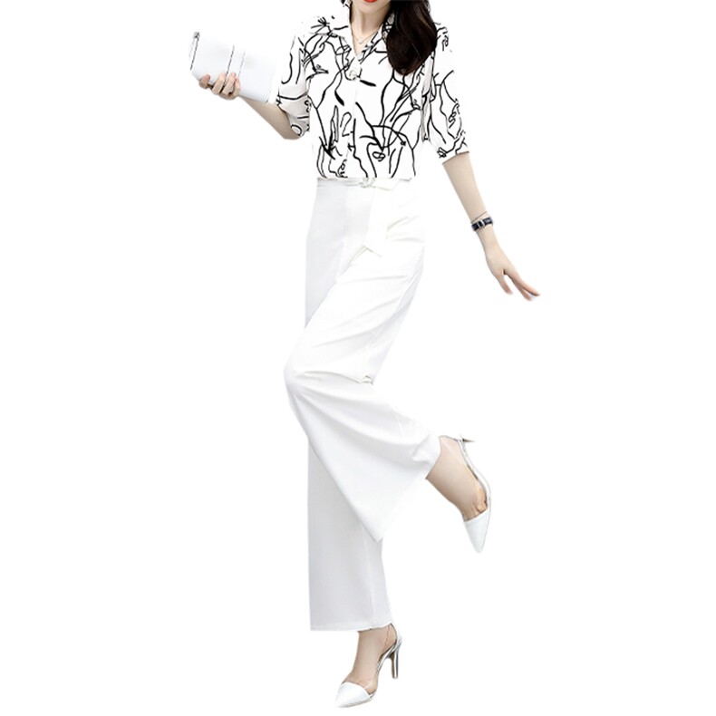 套装女2023年夏装新款女装时尚休闲气质印花上衣阔腿裤套装两件套,女装套装/套裙,关键词