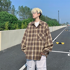 衬衫男春季新款港风宽松磨毛格子长袖衬衣CS601-特P27无差价，男装衬衫，星座214-3