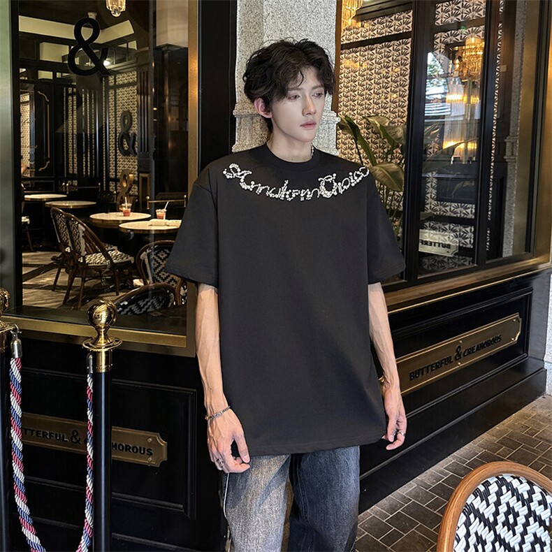 美式珍珠圆领短袖T恤设计感宽松休闲百搭上衣,男装T恤,星座410-7
