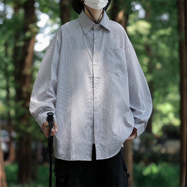 盐系衬衫雾霾蓝轻熟风男装搭配春秋穿搭ins超火服条纹衬衣-C3005图片