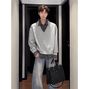 E03-P522025春秋美式复古浅灰色假两件衬衫领卫衣男条纹拼接，男装衬衫，电商B323A