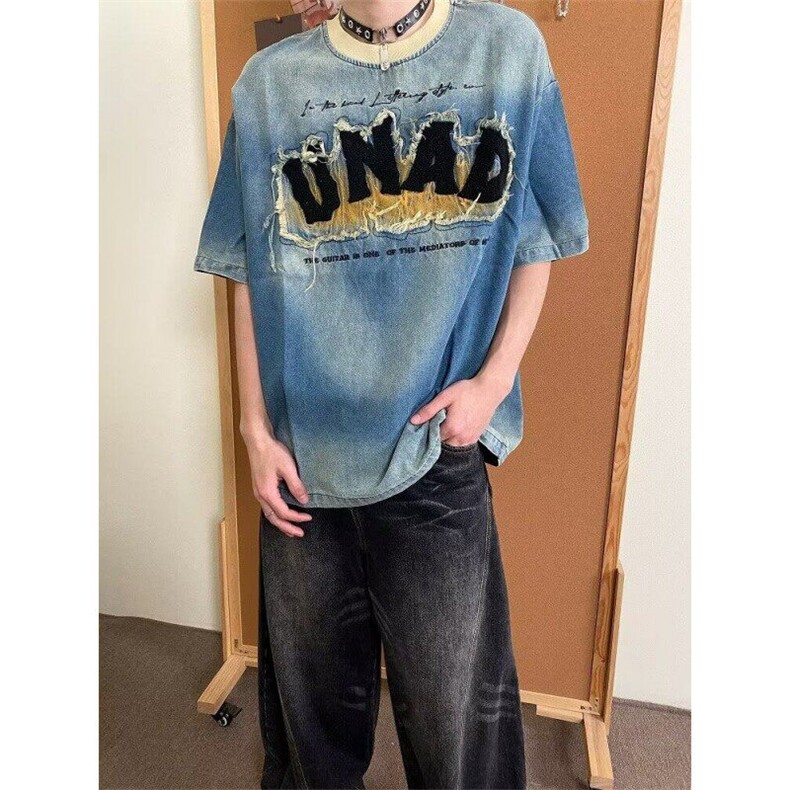 Q409-P55牛仔复古高级感刺绣贴布撞色设计感短袖T袖男女潮上衣,男装T恤,星座911-1