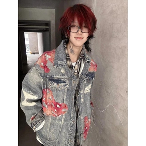 蕾丝火焰垫肩牛仔外套男女痞帅棒球服水洗复古工装夹克 J35图片