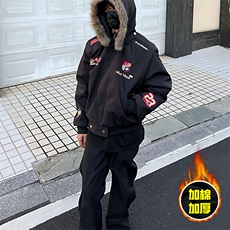 现货高品质美式高街重磅刺绣座山雕大毛毛领棉衣男女加厚棉服外套，男装棉衣，电商A486-1
