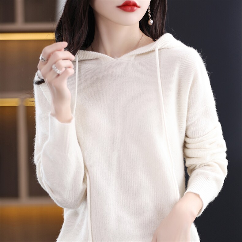 2024秋季新款女士纯色长袖羊毛帽衫通勤百搭,女装羊毛衫,朝辰羊绒