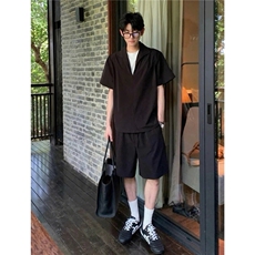 假两件亚麻套装男夏季薄款高级感老钱风松弛感休闲短袖短裤两件套，男装休闲套装，星座506A