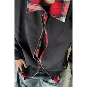 格子拼接假两件外套男潮牌设计感痞帅翻领夹克春季时尚情侣棒球服图片