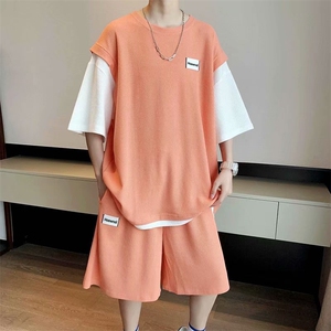 华夫格短袖t恤套装男生五分裤子休闲运动潮流夏季两件套TZ014-P45图片