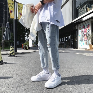 现货CN60港风chic韩版休闲九分裤简约破洞牛仔裤直筒裤N60