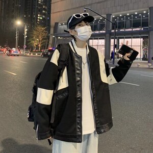 潮流夹克潮男春季毛呢皮袖外套J6502P65图片