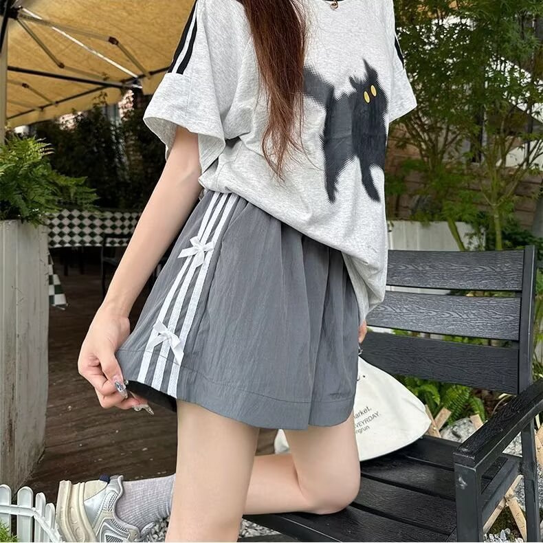 学生蝴蝶结运动短裤女2025年夏季薄款外穿速干阔腿休闲条纹五分裤,男装牛仔裤,星座1210-1