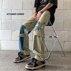 B221美式ins高街暗黑小众撞色破洞直筒牛仔裤LK23109-P65控88，男装牛仔裤，电商B221
