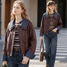 【春季女装新款】大量现货时尚相拼短款皮衣外套，女装皮衣，缘衣格