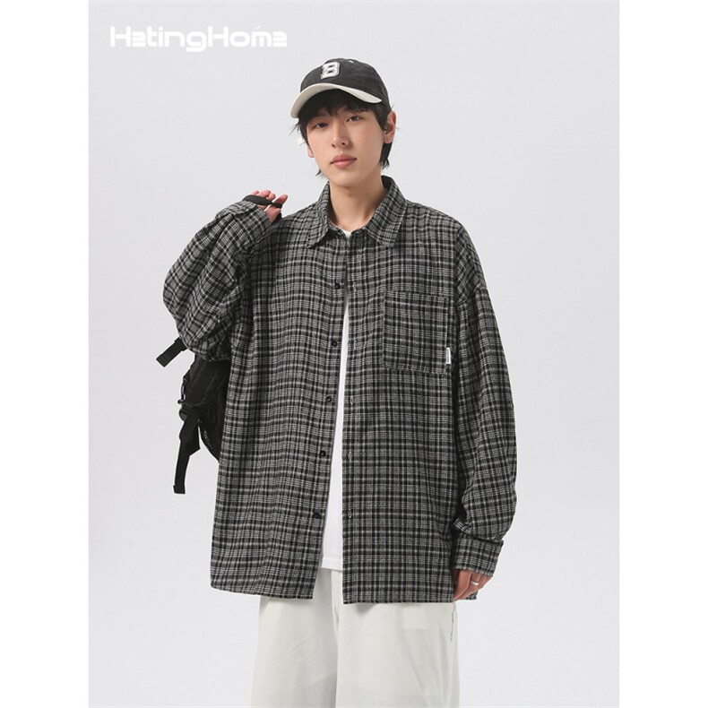 1506/QC150/P37美式复古衬衫男格子衬衣宽松休闲翻领情侣外套,男装衬衫,星座1506