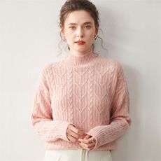 重工复古麻花羊绒衫女插肩毛衣2025秋冬新款半高领针织羊毛衫粉色，女装针织衫/毛衣，宛咚羊绒