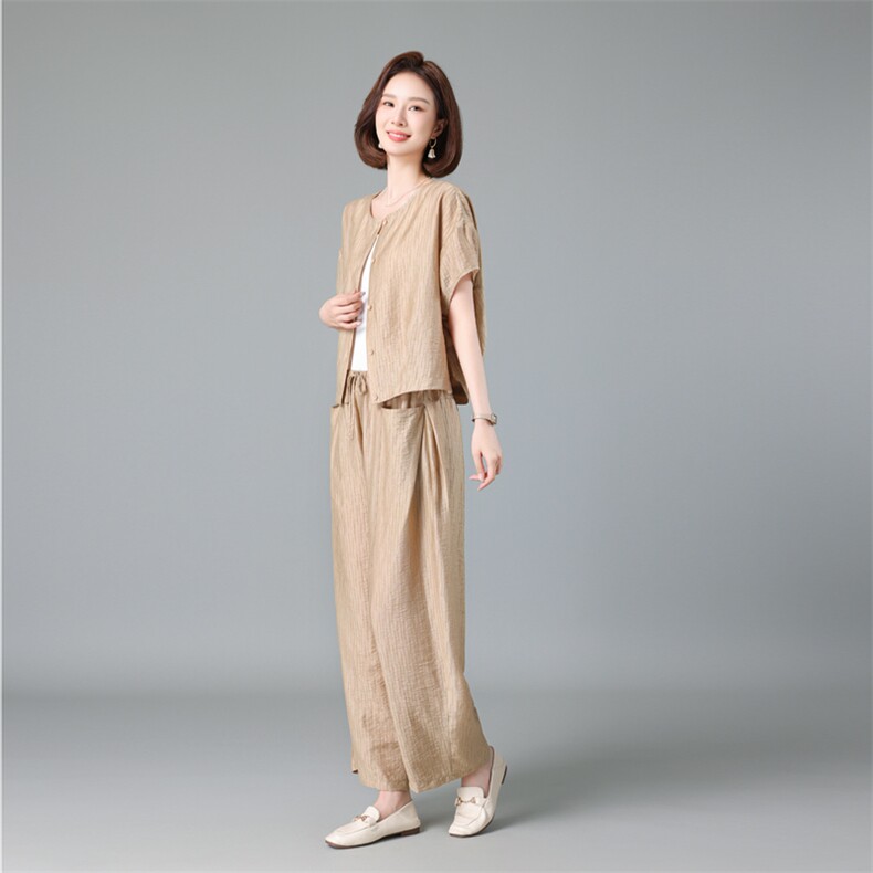 中年妈妈天丝棉麻套装女夏季新款贵夫人短袖衬衫阔腿裤减龄两件套,女装套装/套裙,深水步