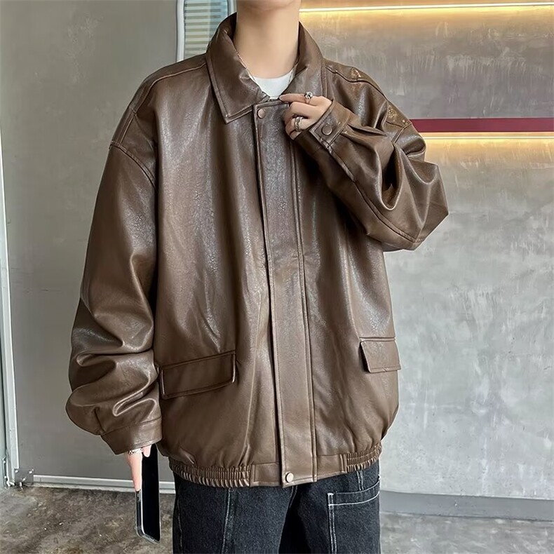 美式复古棕色机车皮衣男外套痞帅春秋咖色翻领夹克PW83,男装夹克,星座1116A-1（原606A）
