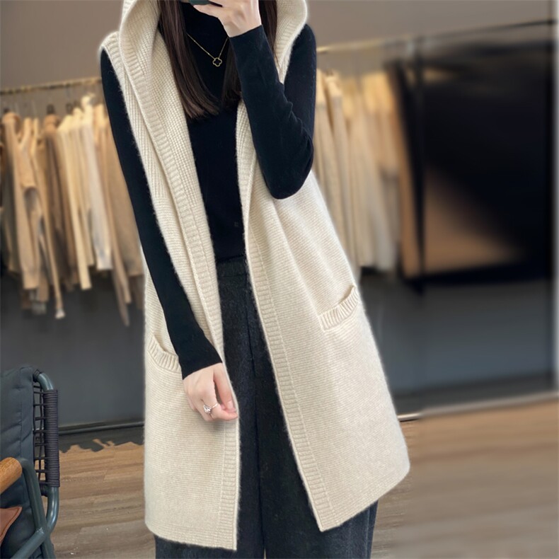 2024秋冬新款羊毛衫女连帽无袖马甲中长款毛衣宽松开衫，女装马甲，邦太羊绒
