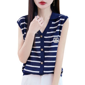 夏季新款莱赛尔天丝镂空撞色无袖开衫女宽松百搭显瘦时尚休闲上衣图片