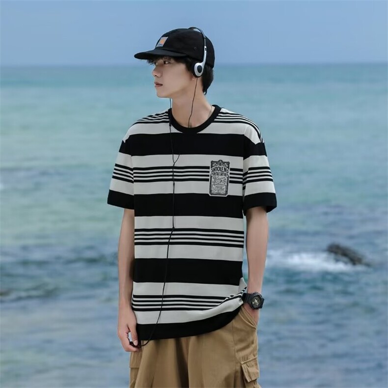 条纹T恤男士短袖韩版潮流高街帅气2024夏季新款ins体恤ST328-P30,男装T恤,星座412-3