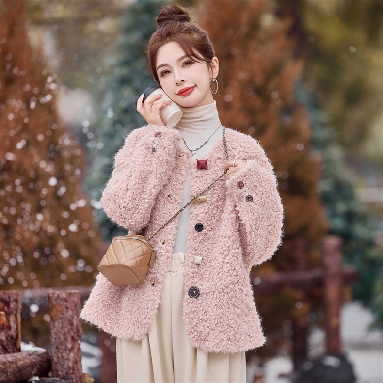 皮毛一体长袖甜美单排多扣V领纯色宽松优雅外套,女装羊羔毛/颗粒绒,微微衣阁