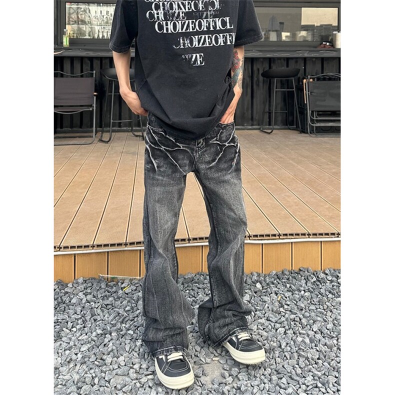 闪电裂纹做旧洗水显瘦百搭裤子宽松直筒微喇黑色牛仔裤男NT0814,男装牛仔裤,星座1116A（原606A-3）