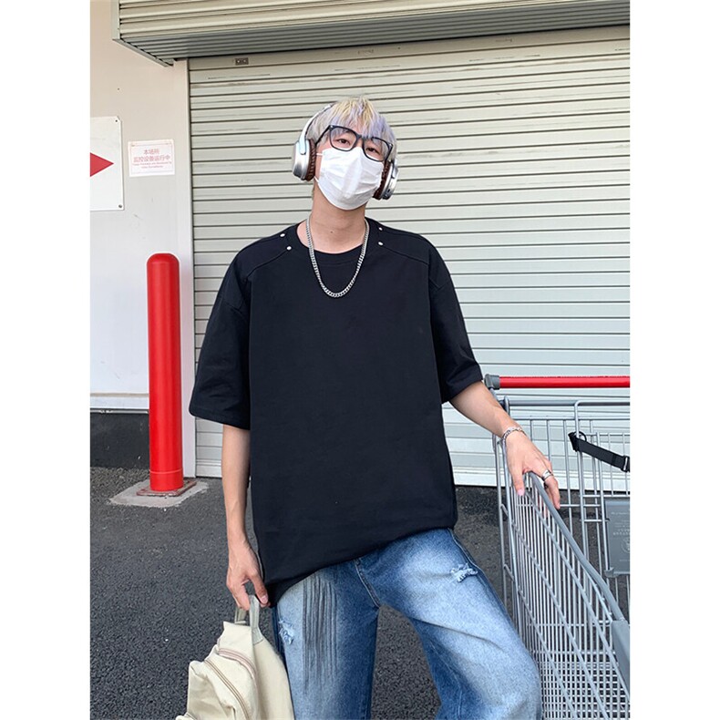 重磅美式高街金属装饰短袖T恤男女复古宽松半袖t恤T3625-特价P25,男装T恤,电商A007
