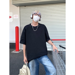 重磅美式高街金属装饰短袖T恤男女复古宽松半袖t恤T3625-特价P25图片