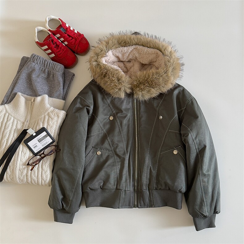 现货重磅boxy短款棉衣座山雕大毛毛领男女棉服水洗工装厚外套，男装棉衣，电商A486-1