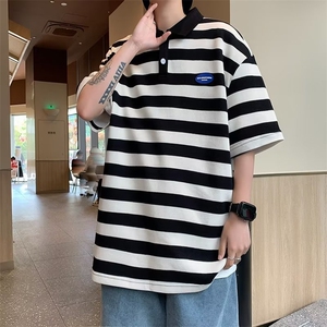 条纹文艺日常日系潮新款标准夏季男五分袖青春流行POLO衫T399/P35图片