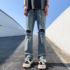 泼墨破洞牛仔裤男韩版潮流高街帅气个性2026夏季ins长裤RK328-P49，男装牛仔裤，星座412
