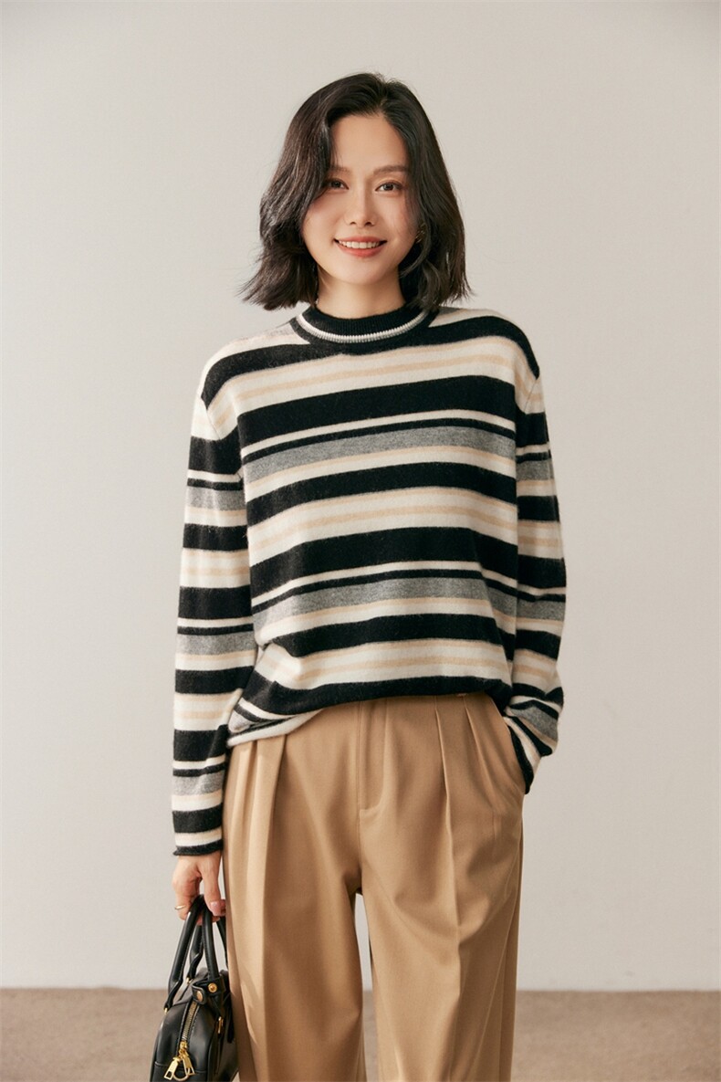 新款圆领条纹针织长袖套头上衣女,针织衫/毛衣,鸥蕊娅羊绒