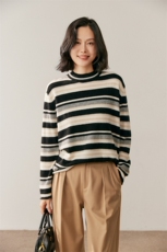 新款圆领条纹针织长袖套头上衣女，女装针织衫/毛衣，鸥蕊娅羊绒