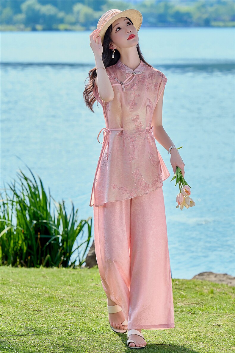 时尚洋气刺绣棉麻套装女2026夏季新款宽松遮肉衬衫领阔腿裤两件套,女装套装/套裙,众宇琦