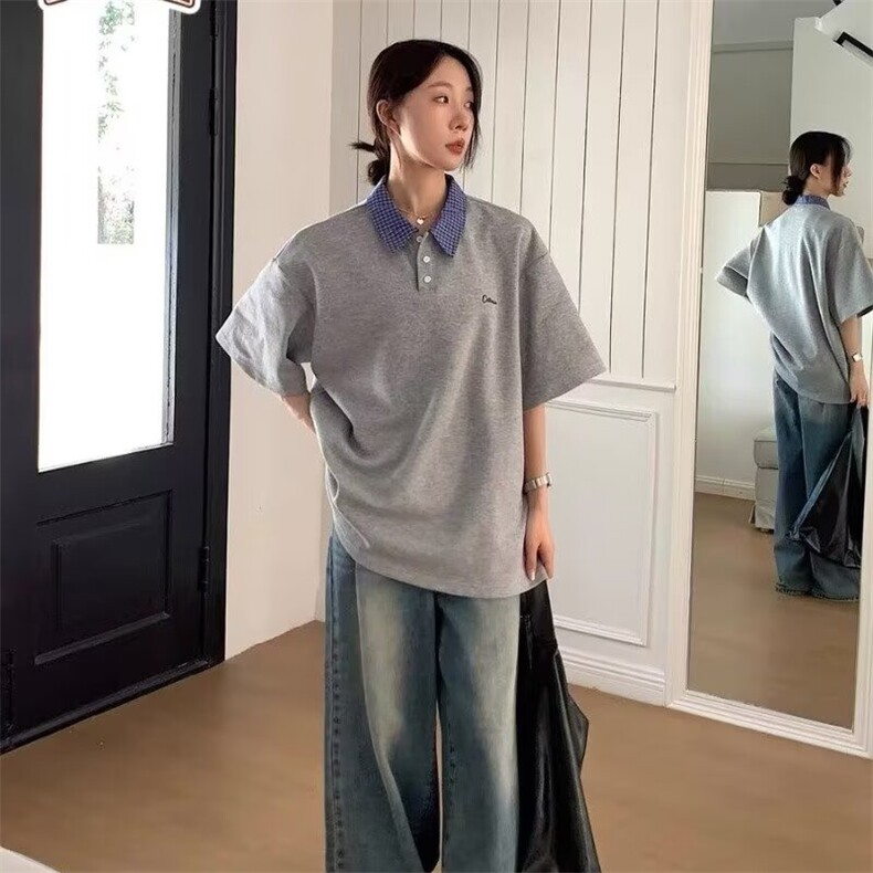 ins日系假两件POLO领格子上衣男女新款夏季半袖宽松上衣短袖t恤衫,男装T恤,星座506A