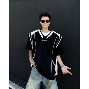 现货！25男士撞色设计感垫肩假两件短袖T恤DX185-P78图片